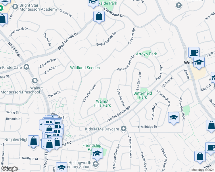 map of restaurants, bars, coffee shops, grocery stores, and more near 19565 Vista Hermosa Drive in Walnut