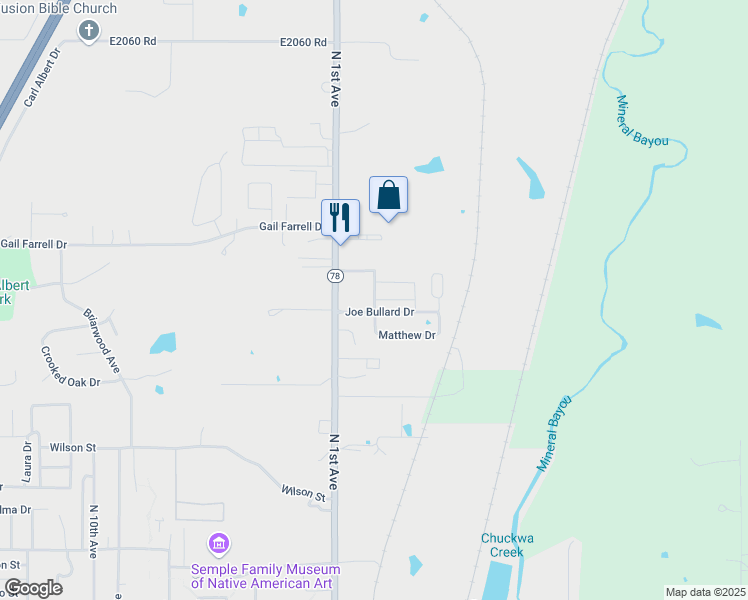 map of restaurants, bars, coffee shops, grocery stores, and more near Olivia Avenue in Durant
