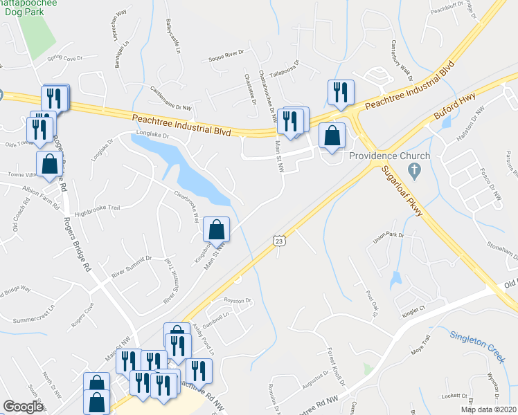 map of restaurants, bars, coffee shops, grocery stores, and more near 2730 Chattahoochee Drive Northwest in Duluth