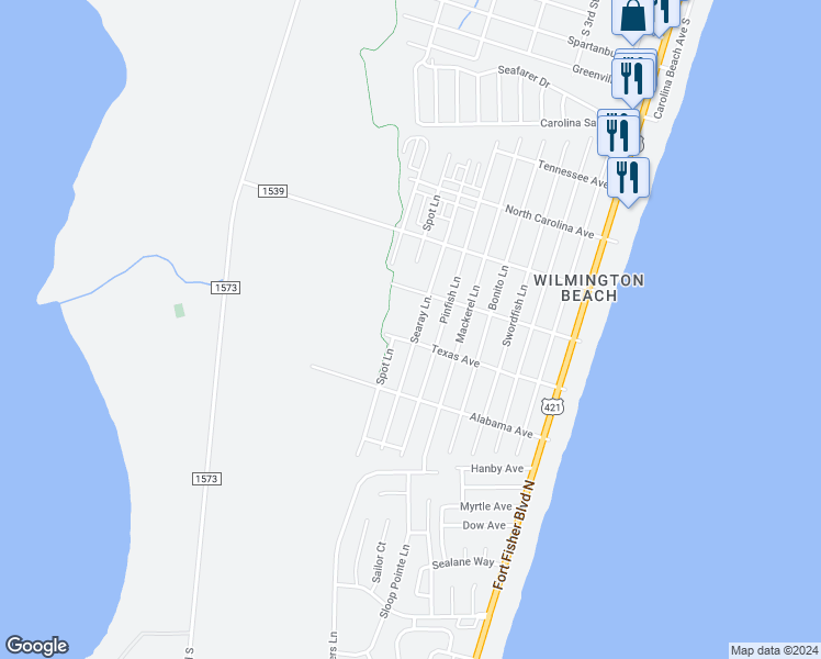 map of restaurants, bars, coffee shops, grocery stores, and more near 1518 Searay Lane in Carolina Beach