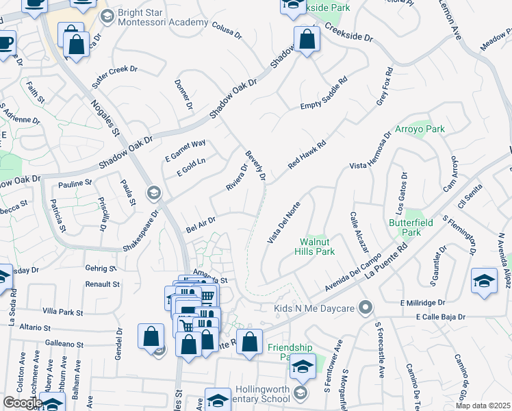 map of restaurants, bars, coffee shops, grocery stores, and more near 415 Beverly Drive in Walnut