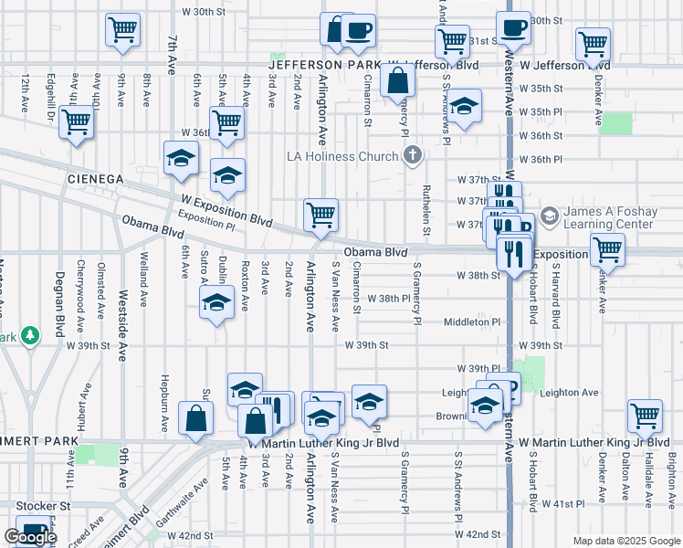 map of restaurants, bars, coffee shops, grocery stores, and more near 763 2/5 North Van Ness Avenue in Los Angeles