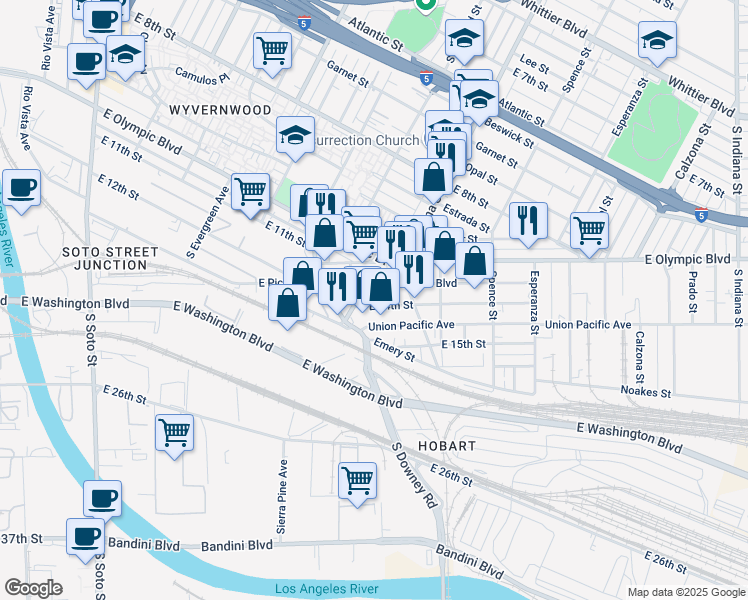 map of restaurants, bars, coffee shops, grocery stores, and more near 3346 East 14th Street in Los Angeles