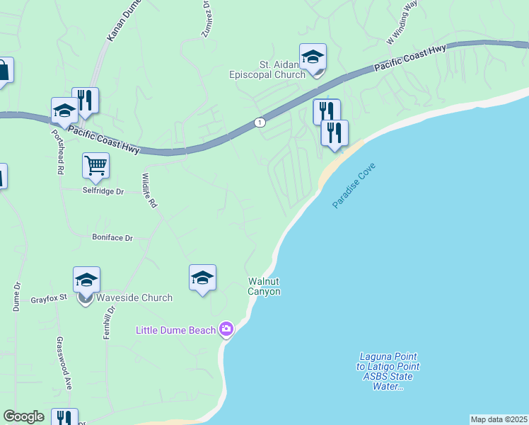 map of restaurants, bars, coffee shops, grocery stores, and more near 6734 Zumirez Drive in Malibu