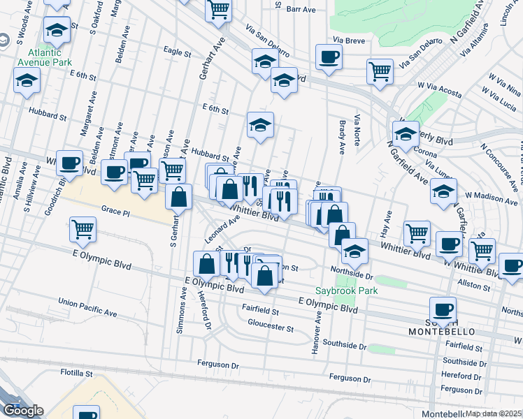map of restaurants, bars, coffee shops, grocery stores, and more near 6016 Whittier Boulevard in East Los Angeles