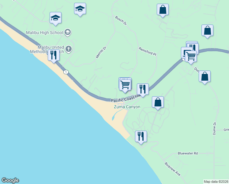 map of restaurants, bars, coffee shops, grocery stores, and more near 29637 Pacific Coast Highway in Malibu