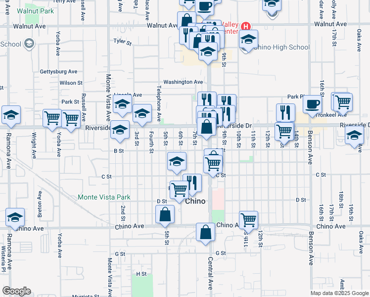 map of restaurants, bars, coffee shops, grocery stores, and more near 13007 6th Street in Chino