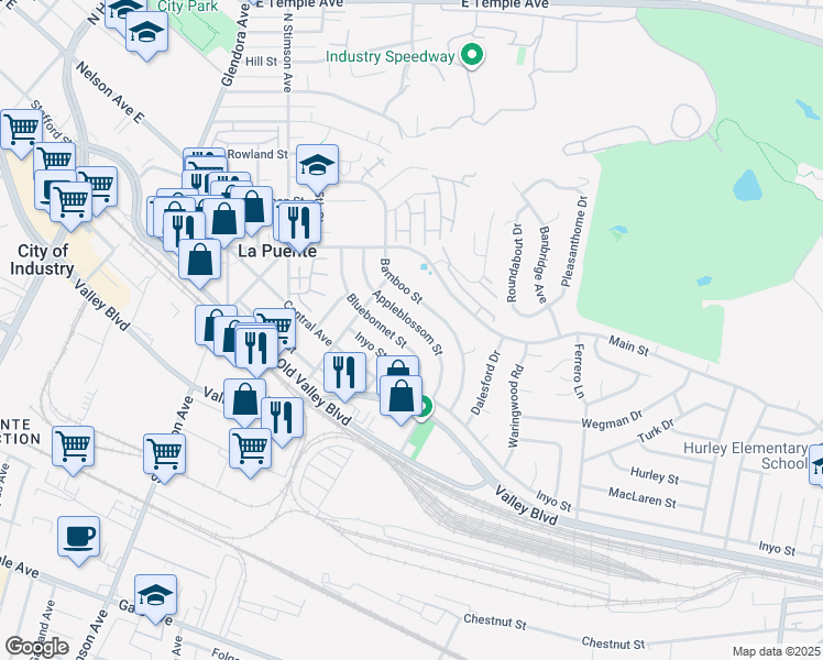 map of restaurants, bars, coffee shops, grocery stores, and more near 16252 Bluebonnet Street in La Puente