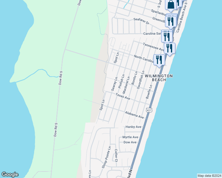 map of restaurants, bars, coffee shops, grocery stores, and more near 1518 Searay Lane in Carolina Beach
