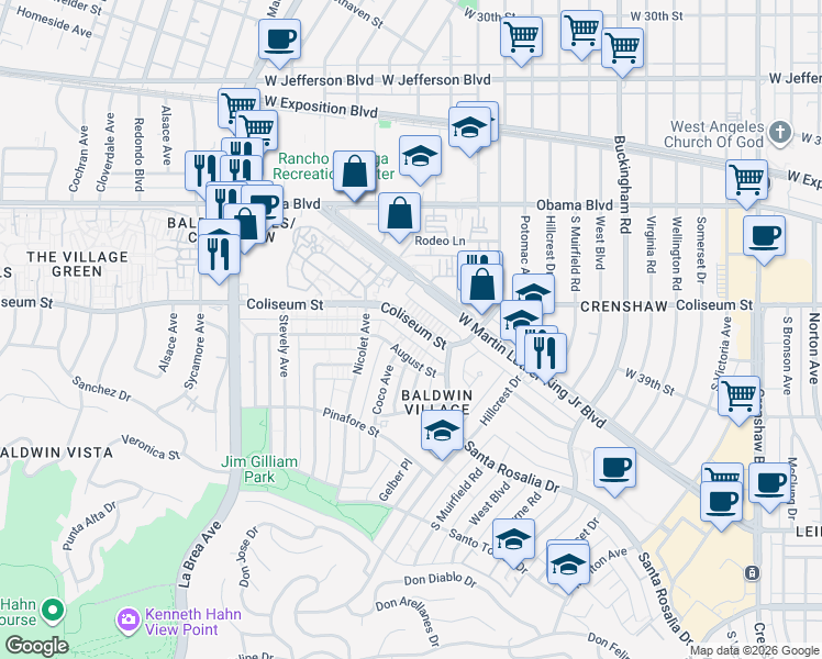map of restaurants, bars, coffee shops, grocery stores, and more near 4646 Coliseum Street in Los Angeles