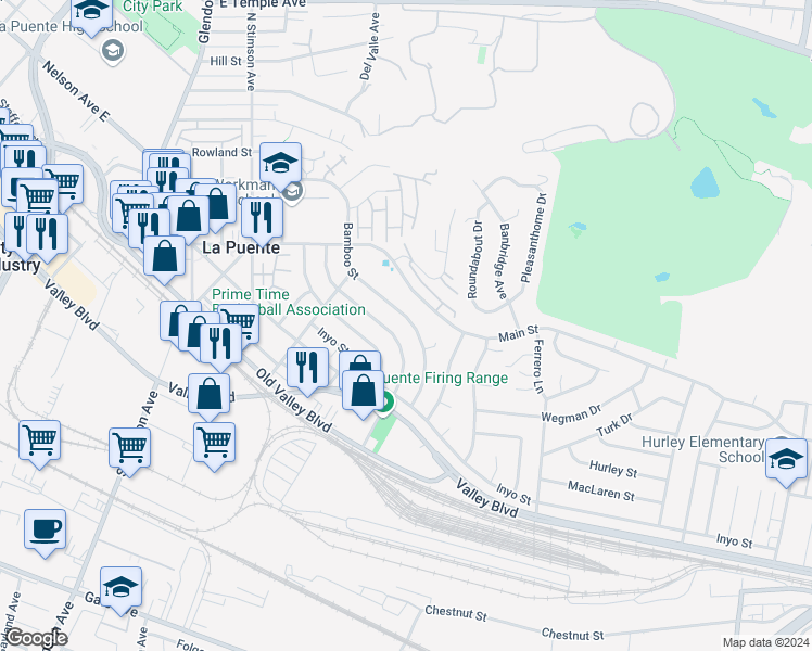 map of restaurants, bars, coffee shops, grocery stores, and more near Bamboo Street in La Puente