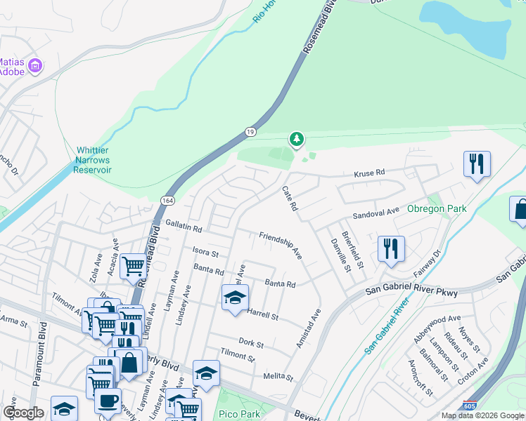 map of restaurants, bars, coffee shops, grocery stores, and more near 3754 Durfee Avenue in Pico Rivera