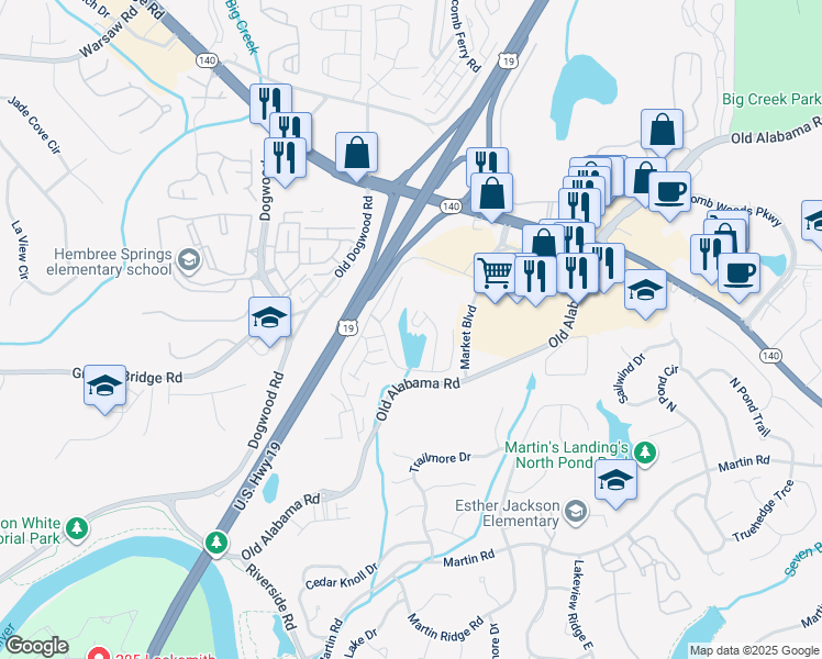 map of restaurants, bars, coffee shops, grocery stores, and more near 1450 Raintree Way in Roswell