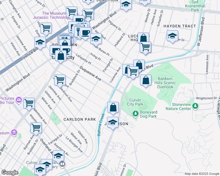 map of restaurants, bars, coffee shops, grocery stores, and more near 4317 Duquesne Avenue in Culver City