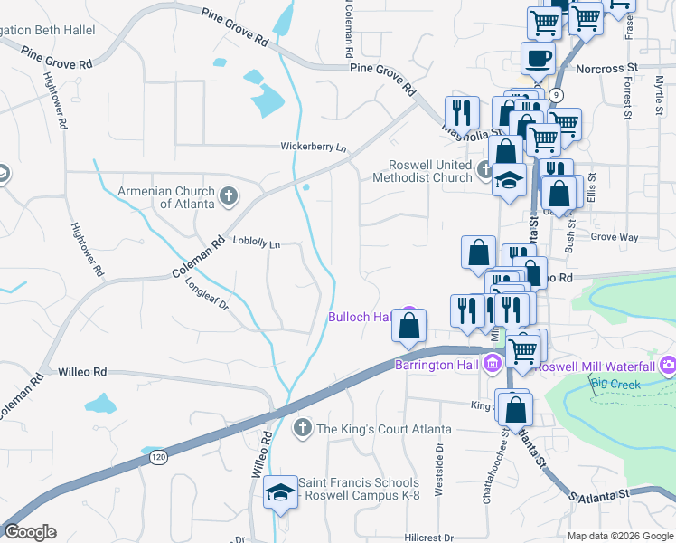 map of restaurants, bars, coffee shops, grocery stores, and more near 230 Cedar Trace in Roswell