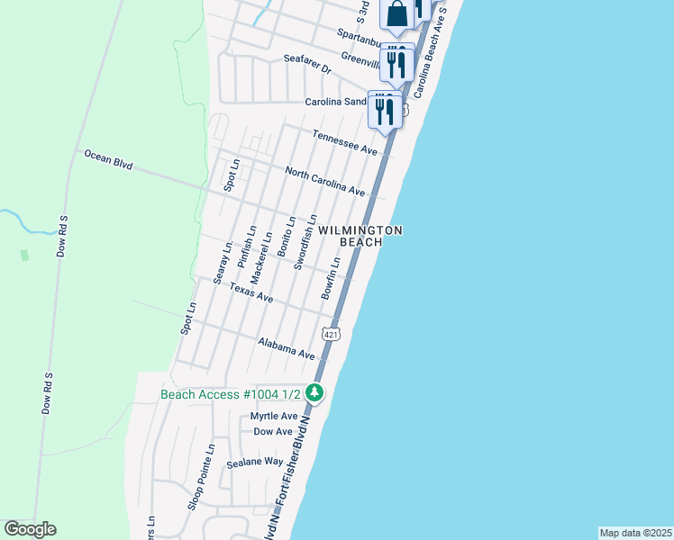 map of restaurants, bars, coffee shops, grocery stores, and more near 106 South Carolina Avenue in Carolina Beach