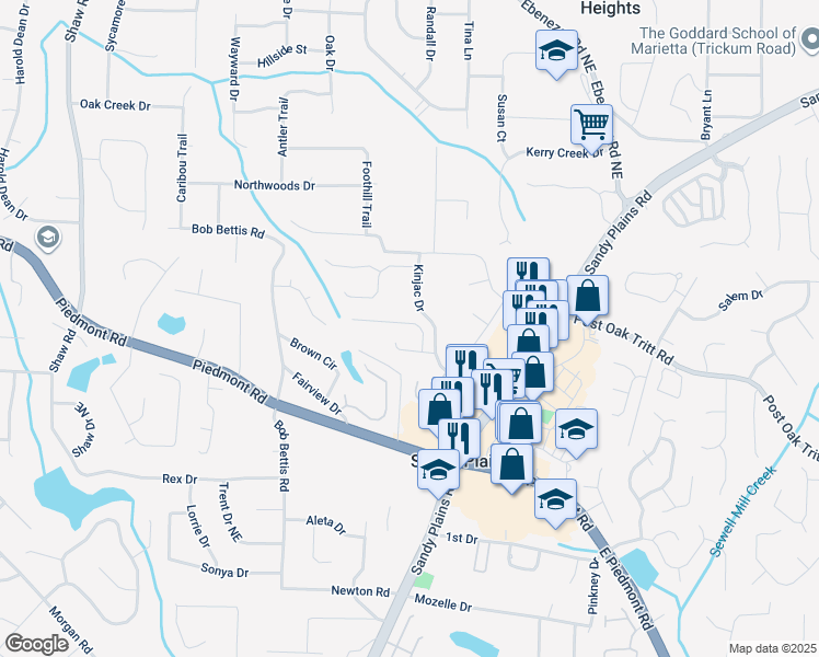map of restaurants, bars, coffee shops, grocery stores, and more near 2713 Ashbury Point Lane in Marietta