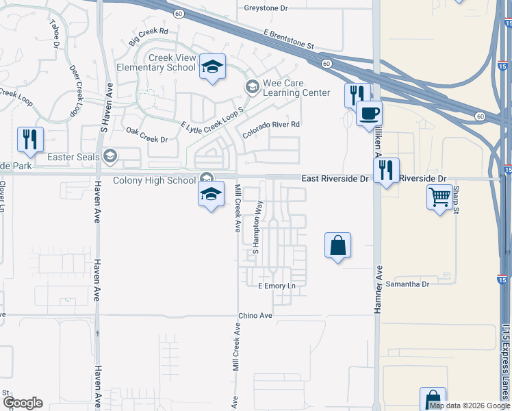 map of restaurants, bars, coffee shops, grocery stores, and more near 3103 South Hampton Way in Ontario