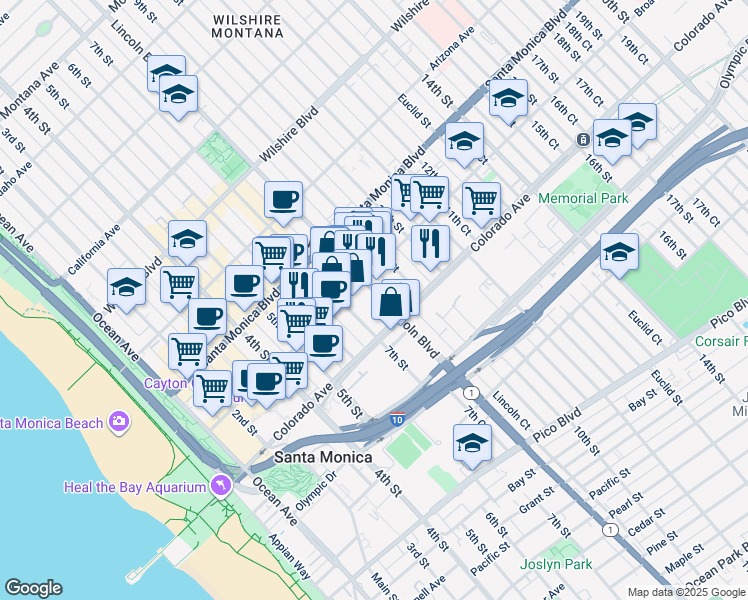 map of restaurants, bars, coffee shops, grocery stores, and more near 1537 7th Street in Santa Monica