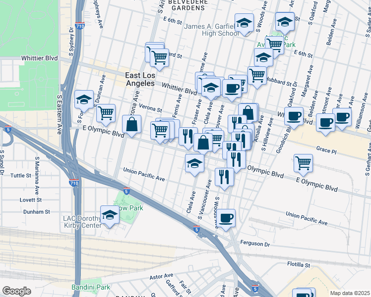 map of restaurants, bars, coffee shops, grocery stores, and more near 4953 East Olympic Boulevard in East Los Angeles