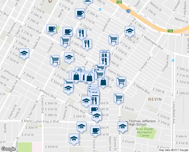 map of restaurants, bars, coffee shops, grocery stores, and more near 1023 East 28th Street in Los Angeles