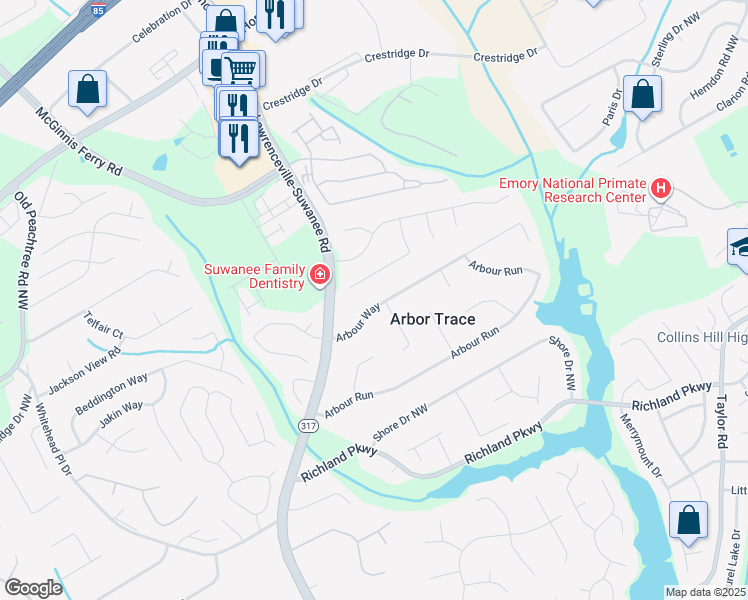 map of restaurants, bars, coffee shops, grocery stores, and more near 367 Arbour Way in Suwanee