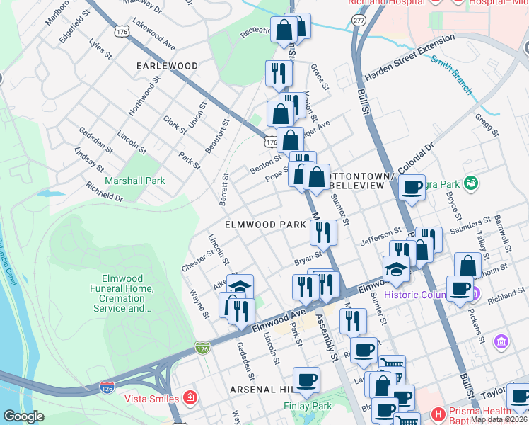 map of restaurants, bars, coffee shops, grocery stores, and more near Maxcy Street in Columbia