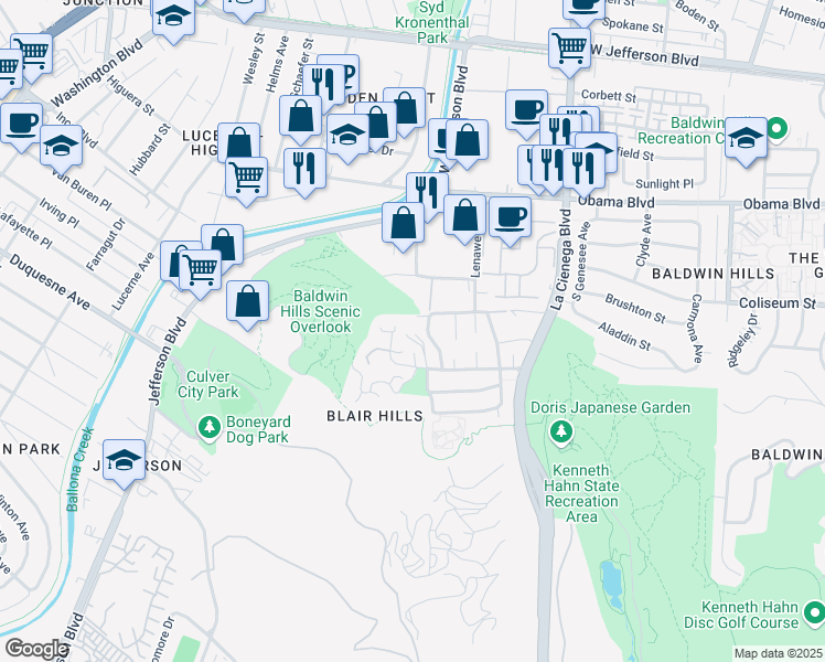map of restaurants, bars, coffee shops, grocery stores, and more near 6003 Wrightcrest Drive in Culver City