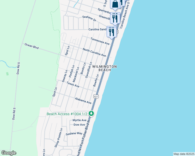 map of restaurants, bars, coffee shops, grocery stores, and more near 106 South Carolina Avenue in Carolina Beach