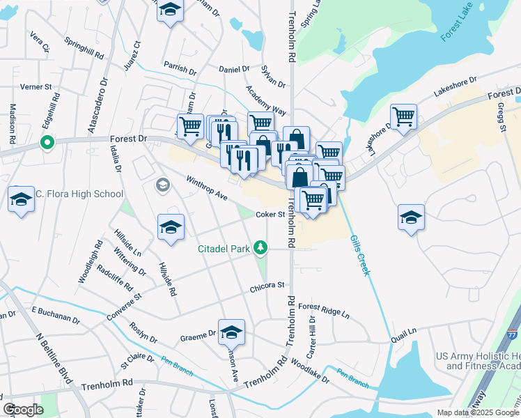 map of restaurants, bars, coffee shops, grocery stores, and more near 4724 Coker Street in Columbia