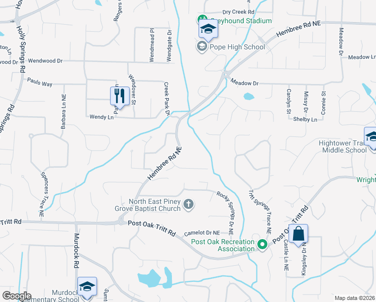 map of restaurants, bars, coffee shops, grocery stores, and more near 3305 Greencastle Chase Northeast in Marietta