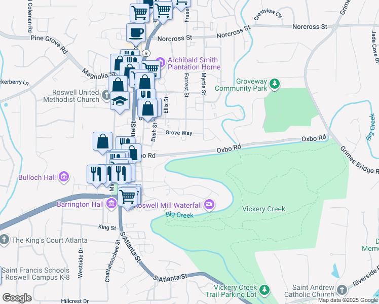 map of restaurants, bars, coffee shops, grocery stores, and more near 160 Oxbo Road in Roswell