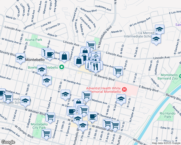 map of restaurants, bars, coffee shops, grocery stores, and more near 800 West Beverly Boulevard in Montebello