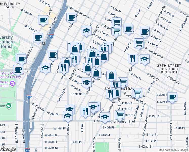 map of restaurants, bars, coffee shops, grocery stores, and more near 312 East Jefferson Boulevard in Los Angeles
