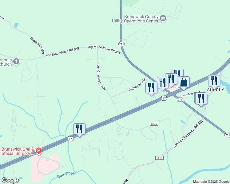 map of restaurants, bars, coffee shops, grocery stores, and more near 270 Ocean Hwy W in Brunswick