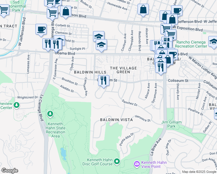 map of restaurants, bars, coffee shops, grocery stores, and more near 3847 South Dunsmuir Avenue in Los Angeles