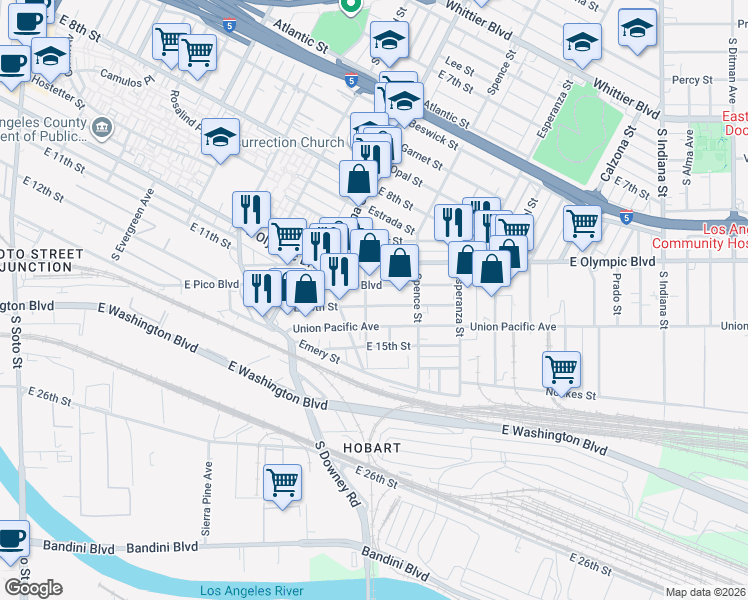 map of restaurants, bars, coffee shops, grocery stores, and more near 3450 East 14th Street in Los Angeles