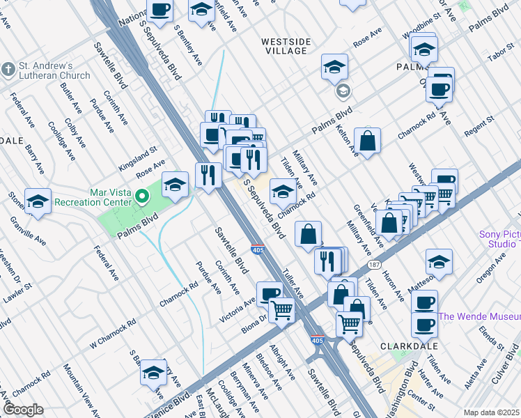 map of restaurants, bars, coffee shops, grocery stores, and more near 3565 South Sepulveda Boulevard in Los Angeles