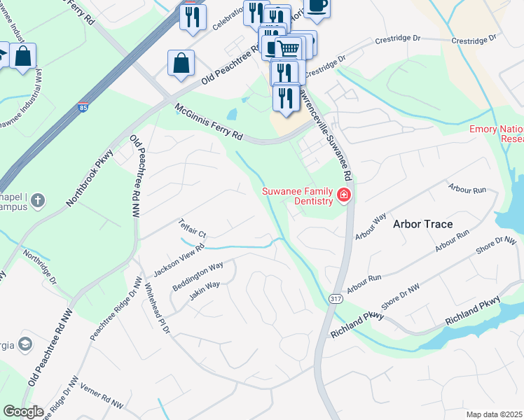 map of restaurants, bars, coffee shops, grocery stores, and more near 529 Telfair Court in Suwanee