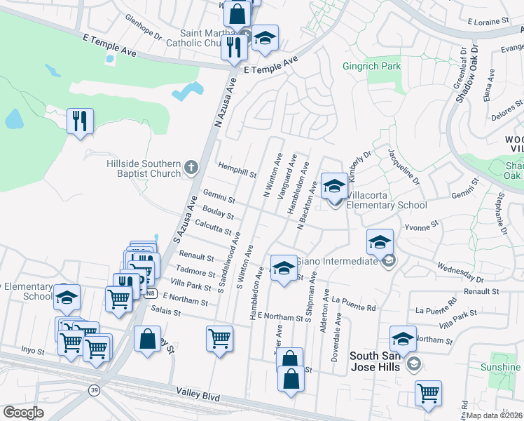 map of restaurants, bars, coffee shops, grocery stores, and more near 2 North Winton Avenue in La Puente