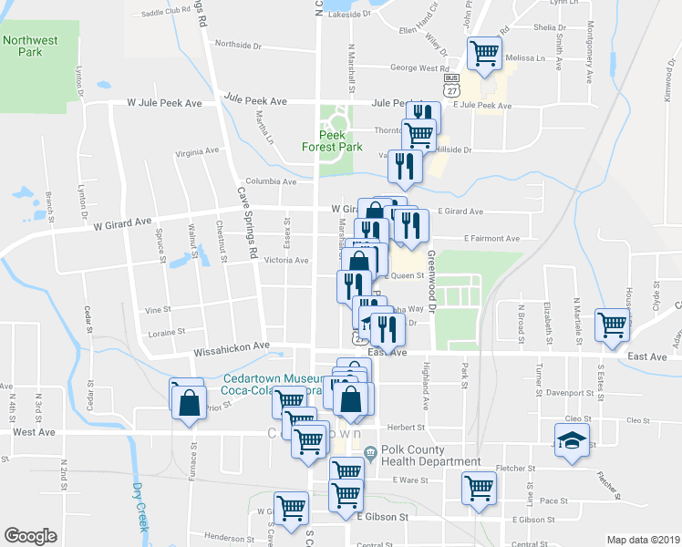 map of restaurants, bars, coffee shops, grocery stores, and more near Marshall Street in Cedartown