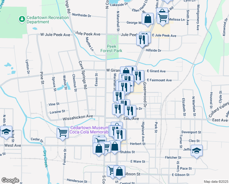 map of restaurants, bars, coffee shops, grocery stores, and more near Marshall Street in Cedartown
