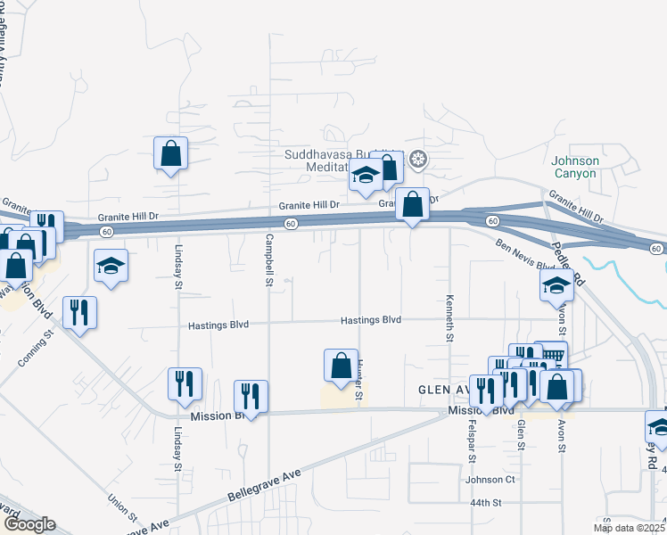 map of restaurants, bars, coffee shops, grocery stores, and more near 3880 Fox Tail Lane in Riverside