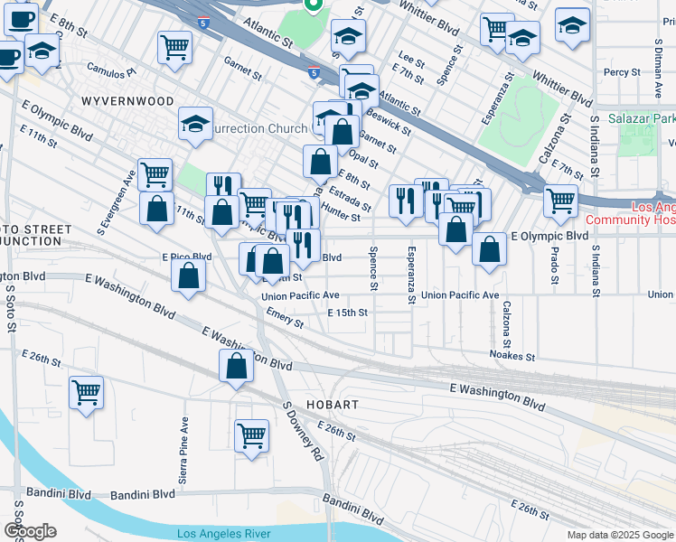 map of restaurants, bars, coffee shops, grocery stores, and more near 3450 East 14th Street in Los Angeles