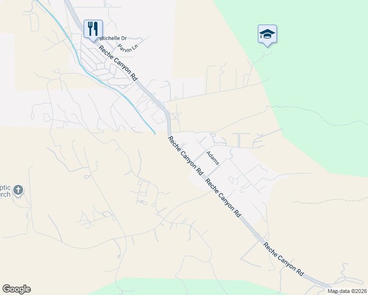 map of restaurants, bars, coffee shops, grocery stores, and more near 7080 Reche Canyon Road in Colton