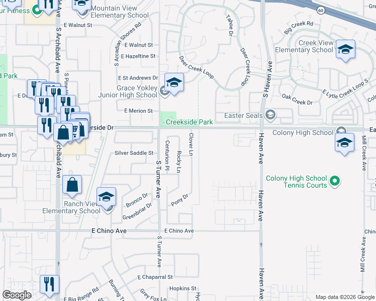 map of restaurants, bars, coffee shops, grocery stores, and more near 3110 Clover Lane in Ontario