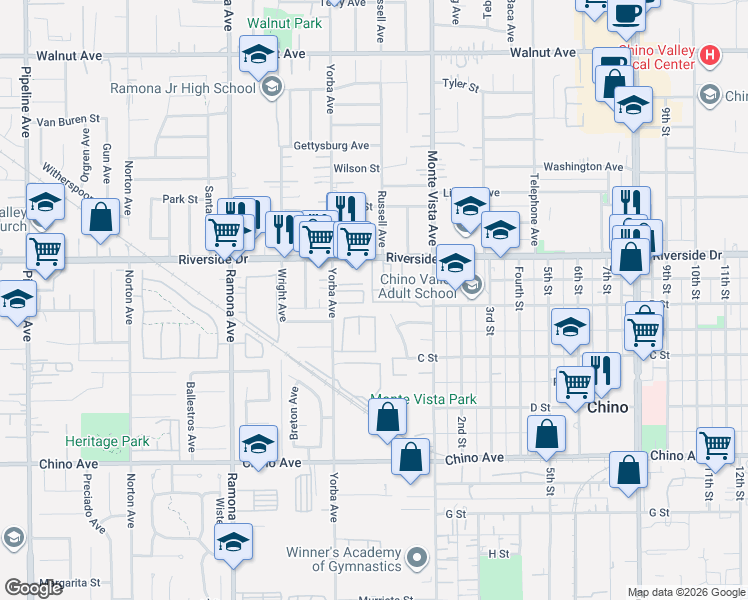 map of restaurants, bars, coffee shops, grocery stores, and more near 4798 Oceanside Drive in Chino