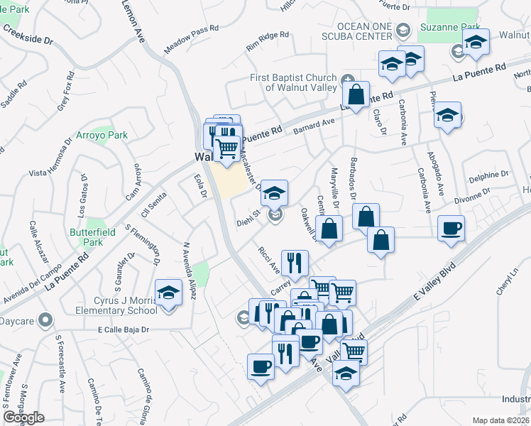 map of restaurants, bars, coffee shops, grocery stores, and more near 20163 East Vejar Road in Walnut