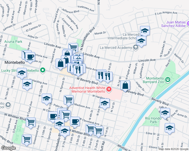 map of restaurants, bars, coffee shops, grocery stores, and more near 500 West Beverly Boulevard in Montebello