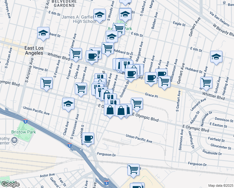 map of restaurants, bars, coffee shops, grocery stores, and more near 1121 Goodrich Boulevard in East Los Angeles